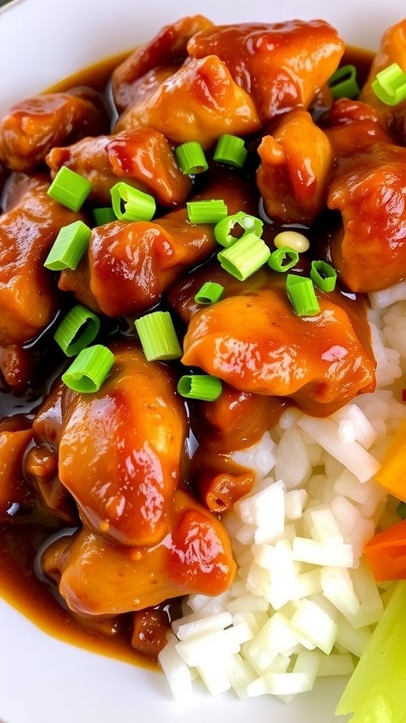 A serving of Chicken Adobo with rice and vegetables on a white plate.